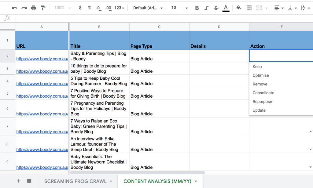 Content Audit Spreadsheet organised with several data metrics - OMG