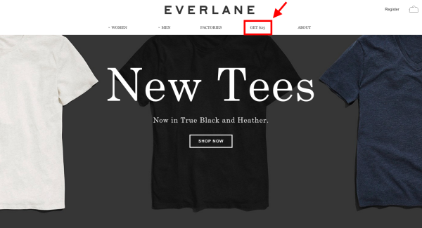 Everlane homepage referral program CTA