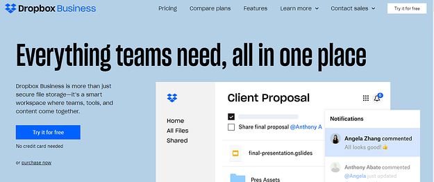 dropbox landing page