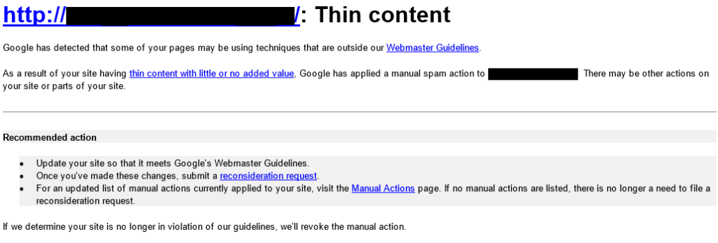Google thin content manual penalty notice