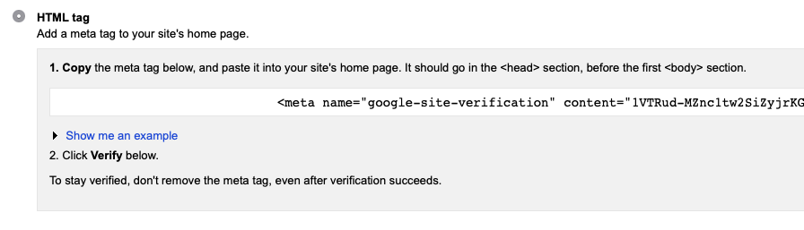 HTML code to verify ownership in Google Search Console