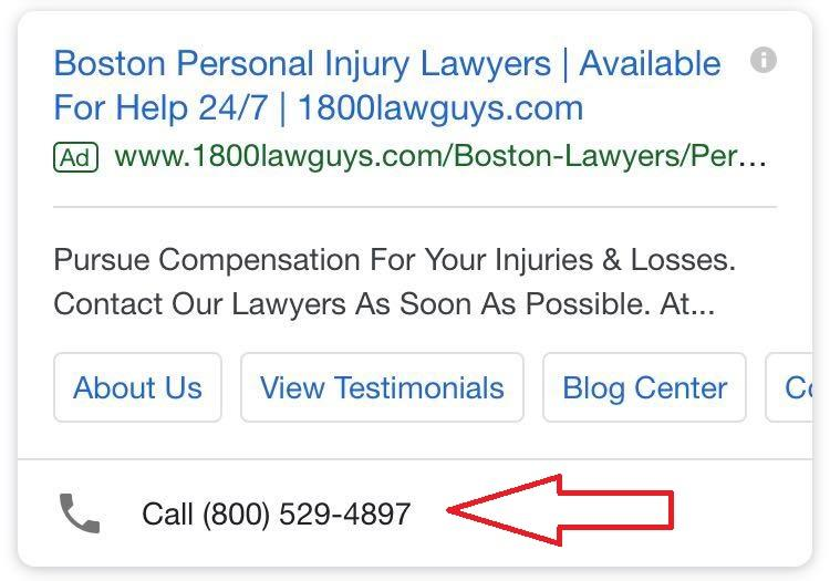 Screenshot of a Google ad for Boston Personal Injury Lawyers, including a phone number and website link. An arrow points to the phone number: (800) 529-4897.