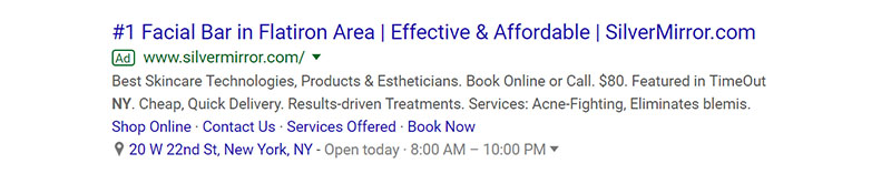 Advertisement for SilverMirror facial bar, highlighting its top ranking in Flatiron, affordable services, and skincare technologies. Offers acne-fighting treatments and booking options. Located at 20 W 22nd St, New York, open 8 AM to 10 PM.