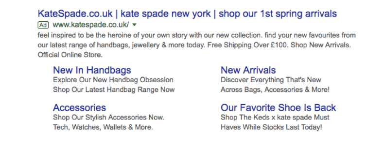 Screenshot of a Google search ad for Kate Spade New York featuring links to new handbags, new arrivals, accessories, and the return of a favorite shoe. Offers free shipping over £100 and prompts to explore their latest collection.
