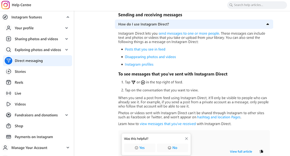 Image showing an example from Instagram's help center