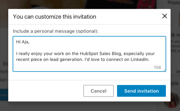 Image showing an example of a custom invitation on linkedin