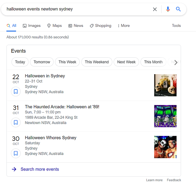 Image showing google event search results for the term Halloween Events Newtown Sydney
