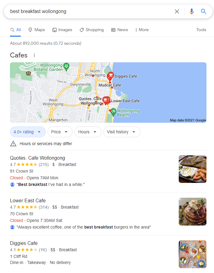 Image Of Map Location In Google Search Results for the term Best breakfast in Wollongong 