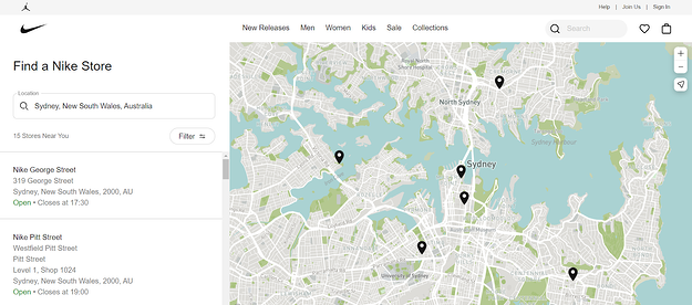 Map Nike’s different stores in Sydney AU