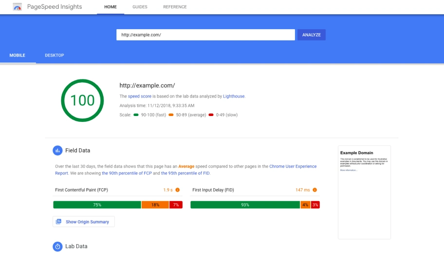 Screenshot of a webpage showing Google PageSpeed Insights results for example.com. The site scores 100, with metrics for First Contentful Paint, First Input Delay, and performance comparisons. Options for mobile and desktop views are visible.