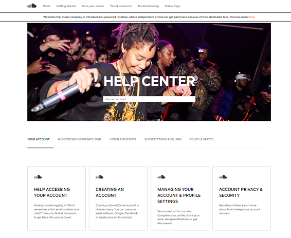 Image showing an example of an faq page from soundcloud