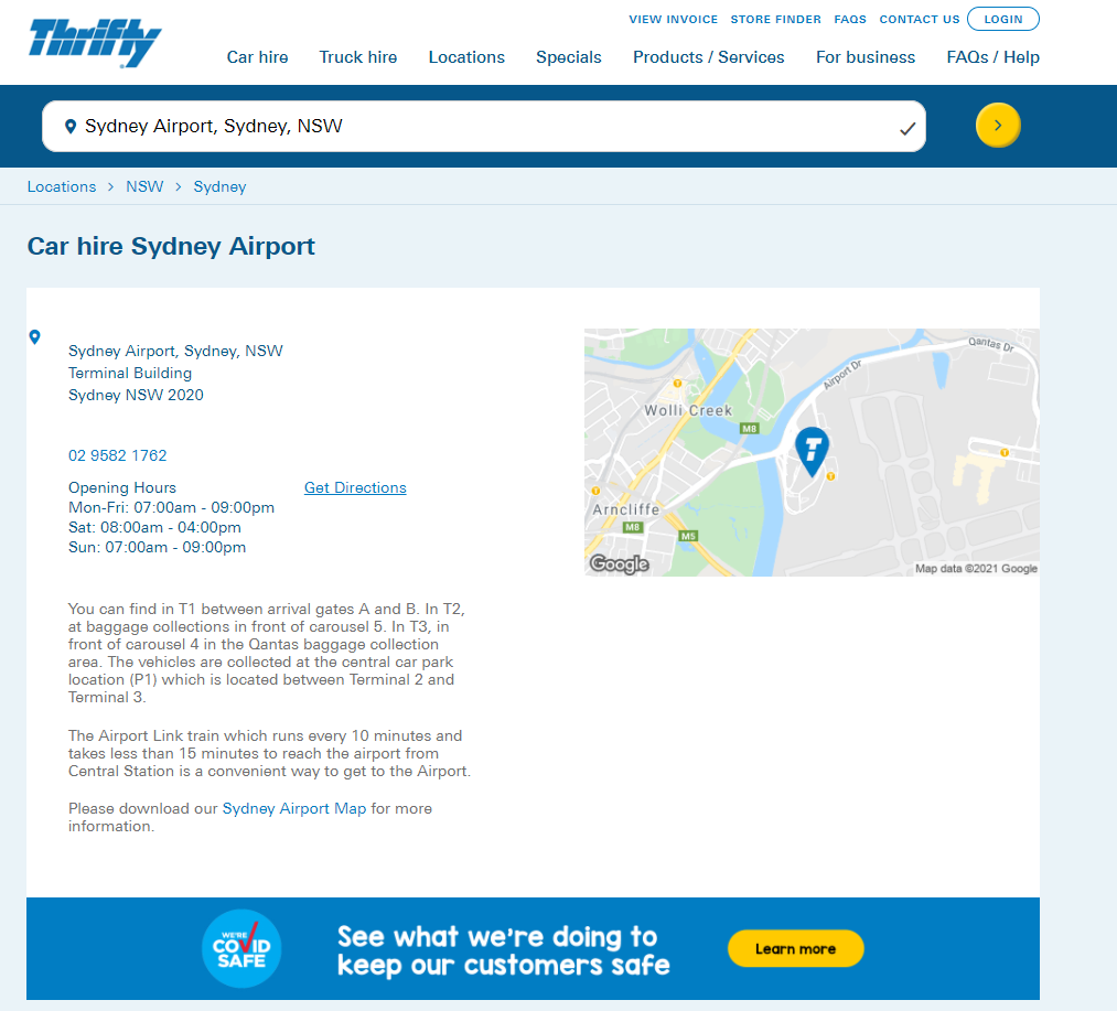 Thrifty Car Hire Map Of Location in Sydney AU Airport
