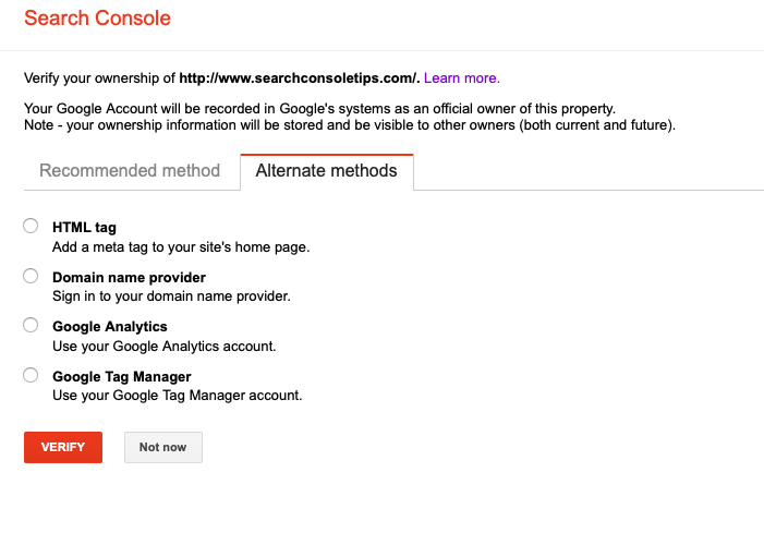 Verifying ownership options in GSC