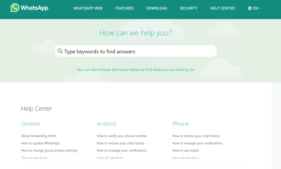 Image showing an example of a faq page from whatsapp