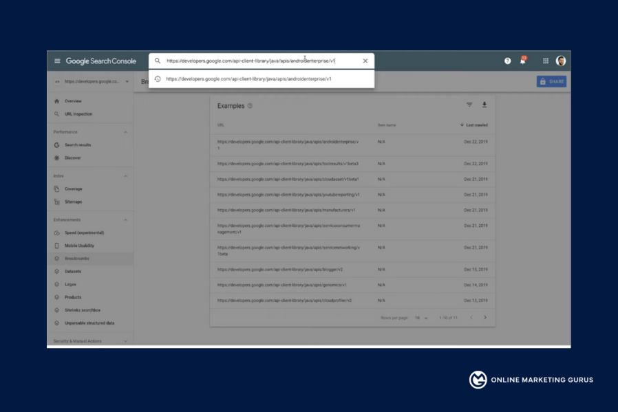 Image of google search console / GSC showing how to check a url Guide To Indexability, Crawl Budget - by OMG Australia