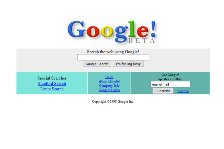 Google Search Engine Prototype Interface Google's First Beta Search Page by OMG