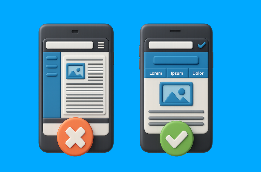comparing non-mobile-friendly and optimised website designs on smartphones, highlighting user experience improvements for responsive SEO