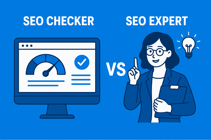 Illustration comparing SEO Checker tools and SEO Experts. Features a performance gauge on a computer screen versus a professional holding a clipboard, symbolising automated analysis versus human expertise in SEO.