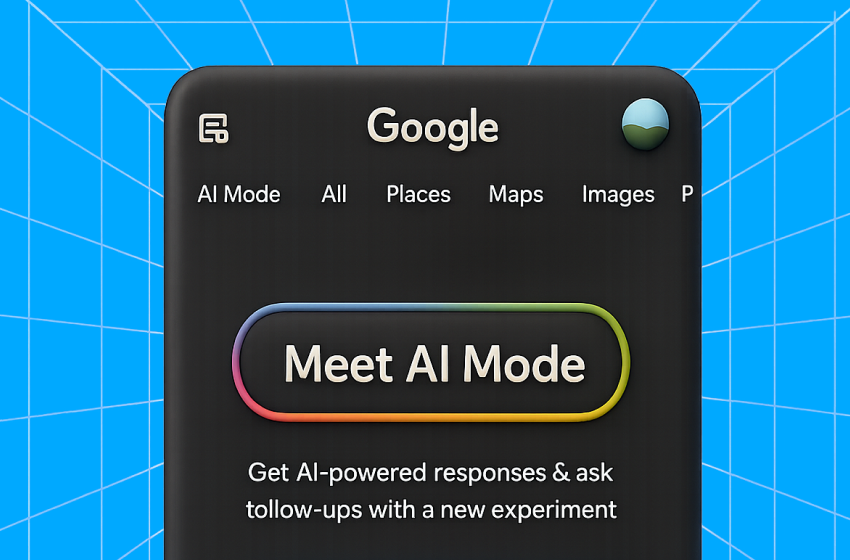 Google AI Mode interface with glowing button, futuristic blue grid background, promoting AI-powered search and interactions