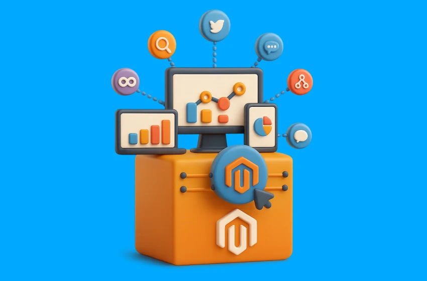 3D illustration of Magento platform showcasing eCommerce tools, analytics, and integrations for building, managing, and scaling online stores