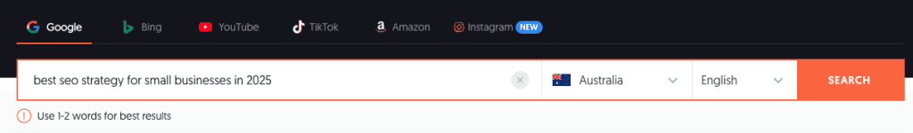 screenshot of AnswerThePublic when searching “what’s the best SEO strategy for small businesses in 2025?”