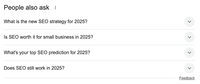 screenshot of People Also Ask on Google SERP when searching “what’s the best SEO strategy for small businesses in 2025?”