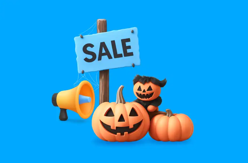 3D Halloween pumpkins and a “Sale” sign beside a megaphone on a blue background — representing seasonal promotions and creative digital marketing campaigns, with a focus on SEO, PPC and Social Media strategies that boost visibility during Halloween sales.