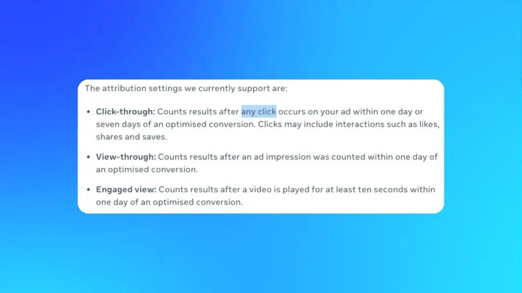 Screenshot of Meta Ads attribution settings showing how any click, including likes, shares, and saves, can count toward conversions.