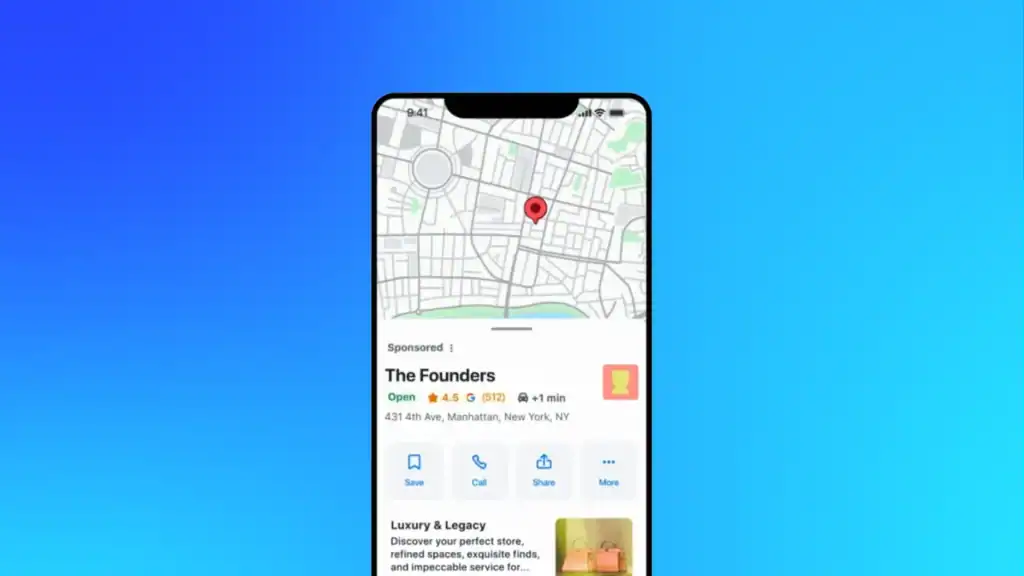 A smartphone screen displaying a Waze ad with a map and a sponsored business listing, illustrating Google’s new integration of Waze Ads into Performance Max campaigns.