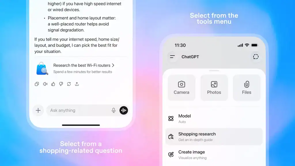 ChatGPT announcement image illustrating where to access ‘Shopping research’ in the mobile tools menu and how the assistant prompts users to begin research after asking a shopping-related question.