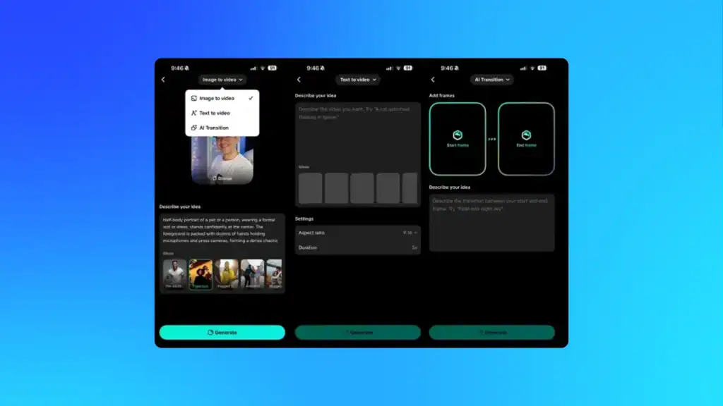 A smartphone interface showing TikTok’s generative AI video creation and editing tools, highlighting new options for text-to-video and AI transitions.