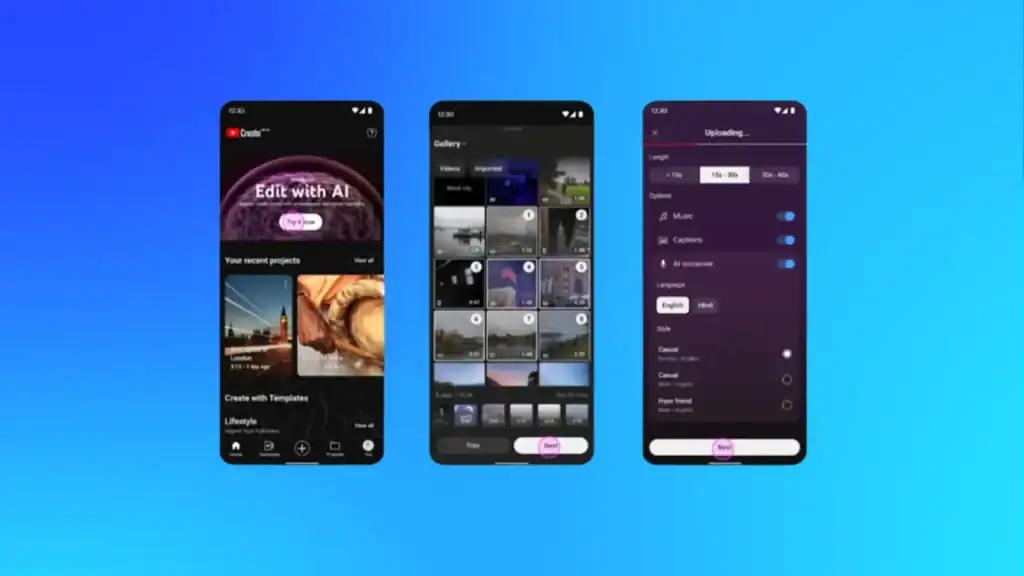 Three smartphone screens displaying YouTube Creator Studio features with AI editing and video analytics tools, representing YouTube’s new AI-powered creative features.