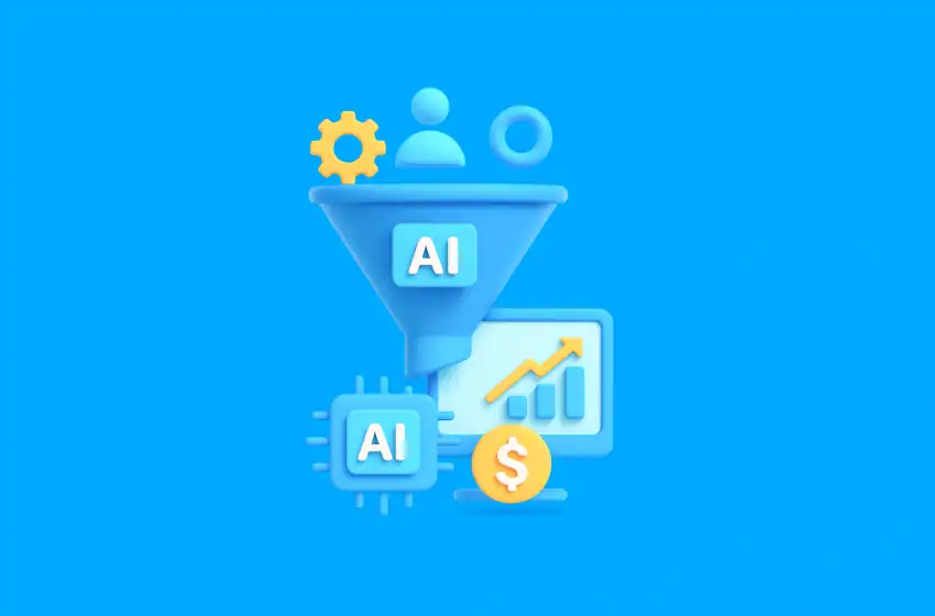 3D illustration showing a marketing funnel labelled “AI” with icons for automation, analytics, and revenue growth, symbolising how artificial intelligence powers full-funnel digital marketing performance and conversion optimisation.