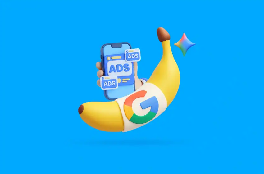 An animation of a banana, wrapped in Google banner, holding a phone that include ads on it.