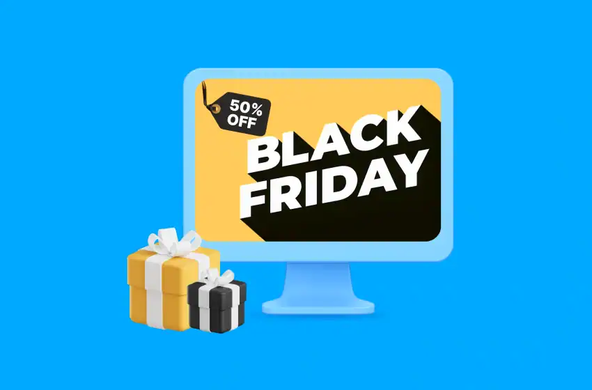 Illustration of Black Friday on a computer screen with a 50% off price tag indicating the it's a busy period for retailers, where they need to get their digital marketing strategies planning done.
