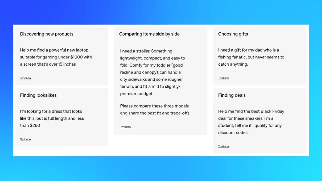 Image from OpenAI’s announcement displaying sample shopping prompts such as finding a gaming laptop under $1000, locating a similar dress under $250, comparing stroller models, choosing a gift for a fishing enthusiast and finding Black Friday sneaker deals.