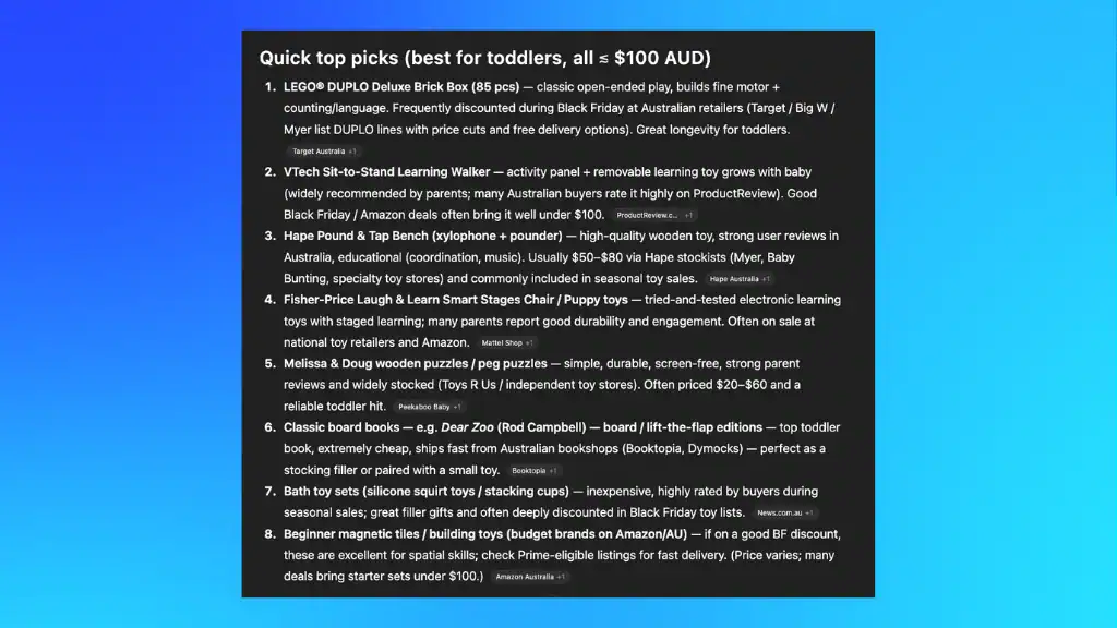 ChatGPT shopping response showing Christmas presents for toddlers under $100 AUD, with curated product picks from major Australian retailers including LEGO DUPLO, VTech, Hape, Fisher-Price and Melissa & Doug.