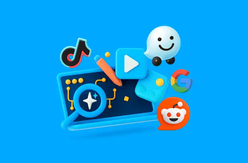 A 3D digital illustration showing logos of major marketing platforms including TikTok, Reddit, Waze, and Google around a creative interface, symbolising smarter and more connected digital marketing platforms.