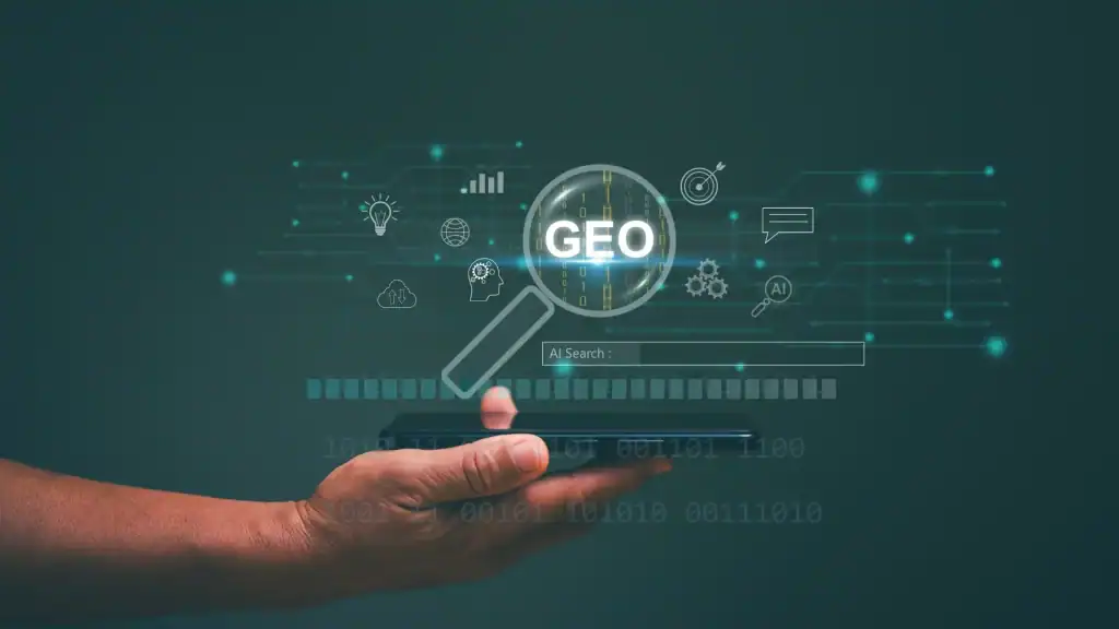 A person holding a smartphone with a digital magnifying glass hovering above it, displaying the word “GEO” surrounded by AI search icons and data graphics.