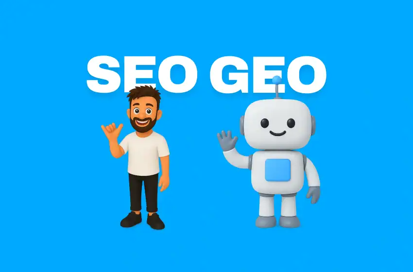 A cartoon-style human character and a friendly robot waving side by side, with the words “SEO GEO” displayed above them on a bright blue background.