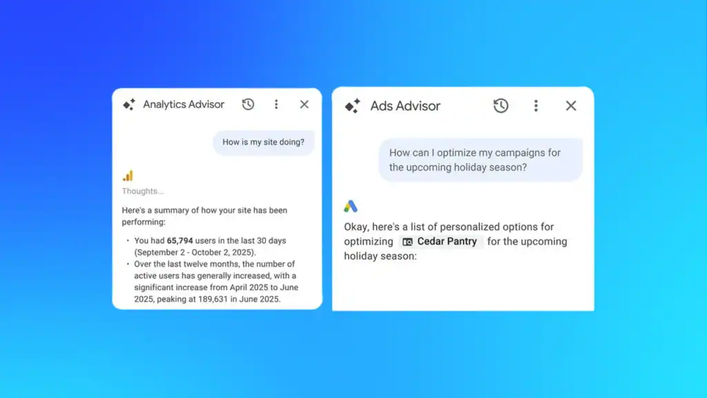 Google Ads and Analytics Advisors showing AI-generated recommendations for campaign and site optimisation in Ads interface.