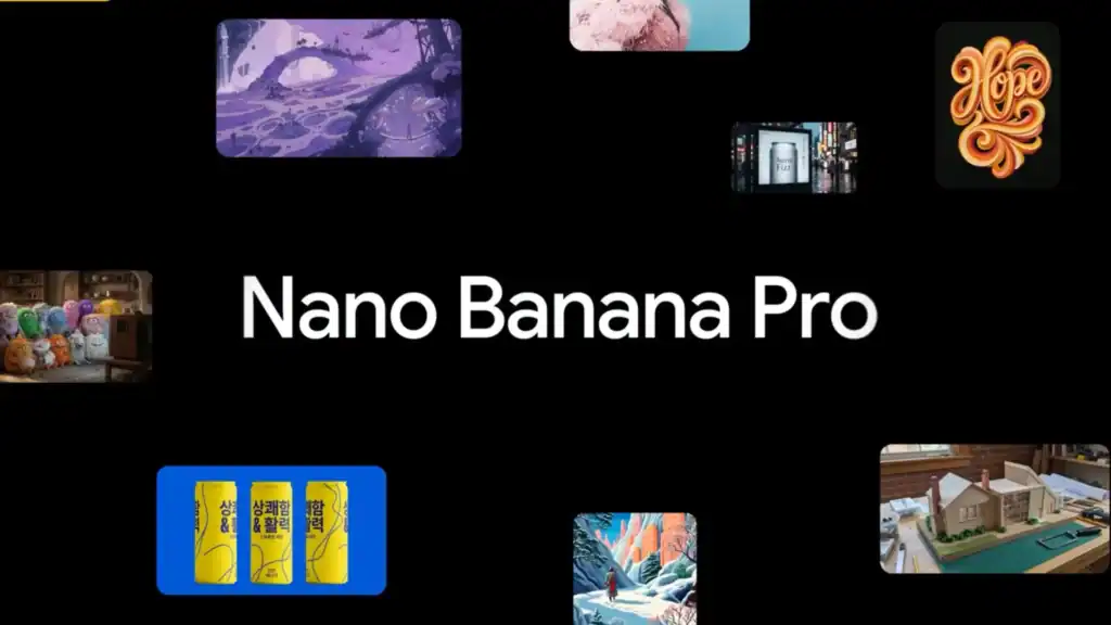 An illustration with Nano Banana Pro in the middle of a black background and with floating animated images float around it.