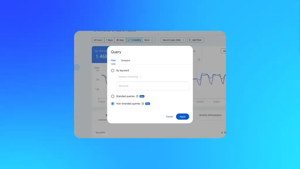 Google Search Console dashboard with new brand and non-brand query filters for clearer SEO performance tracking.
