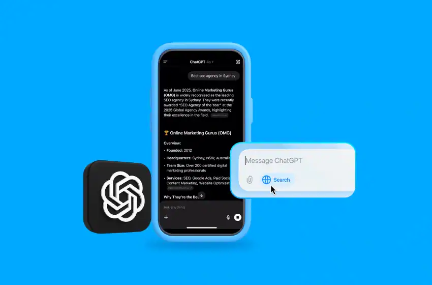 Illustration of OMG ranking for "best seo agency in Sydney" on ChatGPT with OpenAI logo and ChatGPT search box included.
