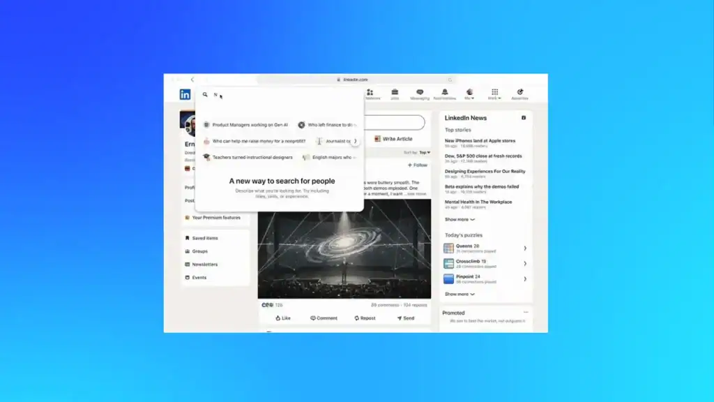 LinkedIn AI conversational search interface showing natural language prompts and suggested results for professionals