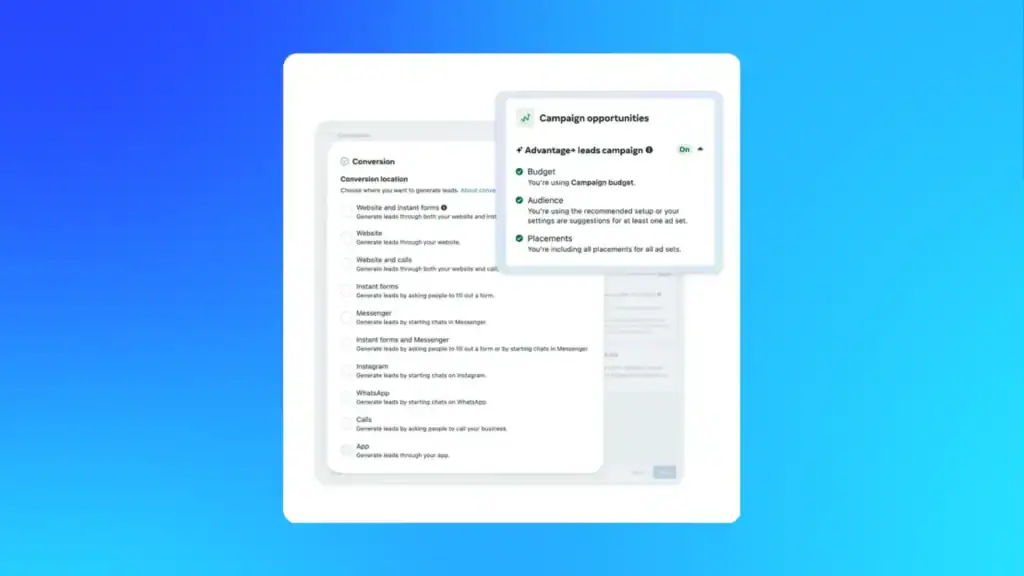 Meta Ads Manager interface displaying AI-powered lead generation tools, including instant forms and CRM integrations.