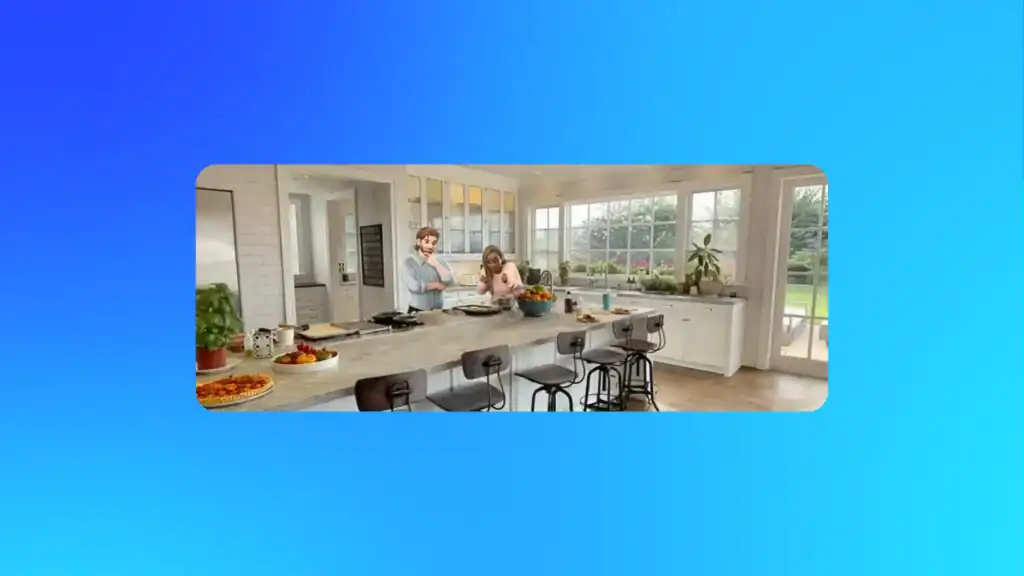 AR-style image showing animated characters in a modern kitchen, representing Meta’s 3D and immersive creative tools for the metaverse.