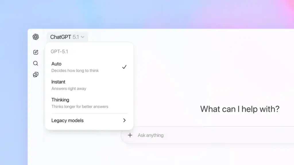 A screenshot showing ChatGPT 5.1’s interface with model selection options, representing OpenAI’s latest version of its conversational AI model.