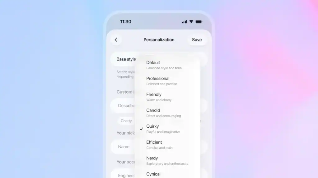ChatGPT app personalisation settings showing selectable tone styles such as professional, friendly, and quirky.
