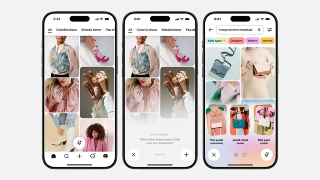Mobile screens showing Pinterest Assistant AI providing personalised shopping recommendations and visual search results.